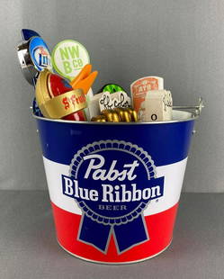 Bucket of 10 Advertising Tap Handle Toppers: includes Miller lite, Around the Bend, Off Color and more. largest measures 12 X 3 1/4 inches