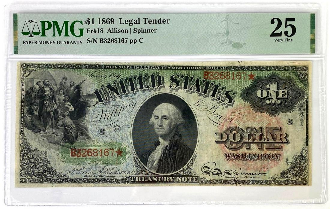 1869 $1 Legal Tender Note (PMG) 25 VF: FR#18, Allison and Spinner, s/n B3268167, pp C