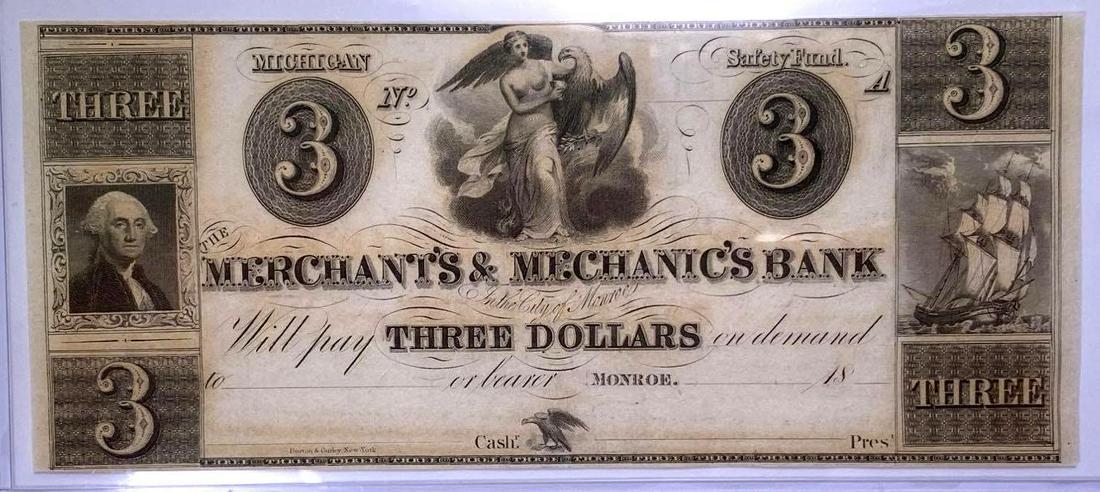 Michigan Merchants and Mechanics Bank $3 Remainder Note: EPQ, CH UNC 64