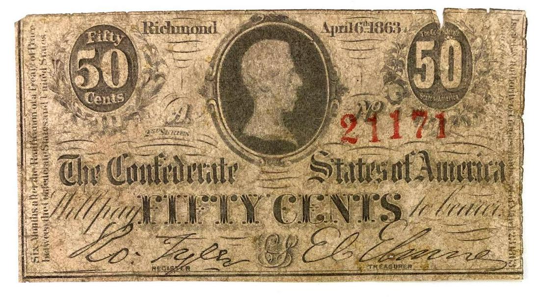 1863 CSA Confederate States of America Fifty Cents: 1863 CSA Confederate States of America Fifty Cents