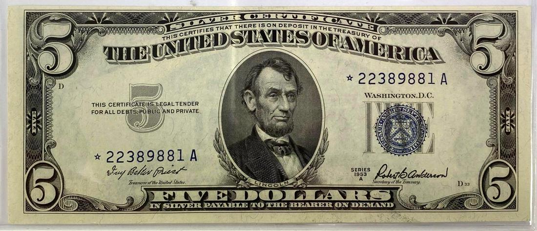 1953 Blue Seal $5 Silver Certificate Star Note AU/BU (1 of 2)