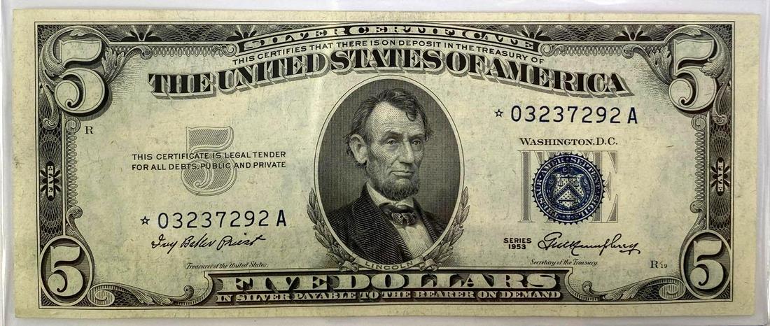 1953 Blue Seal $5 Silver Certificate Star Note AU/BU (1 of 2)