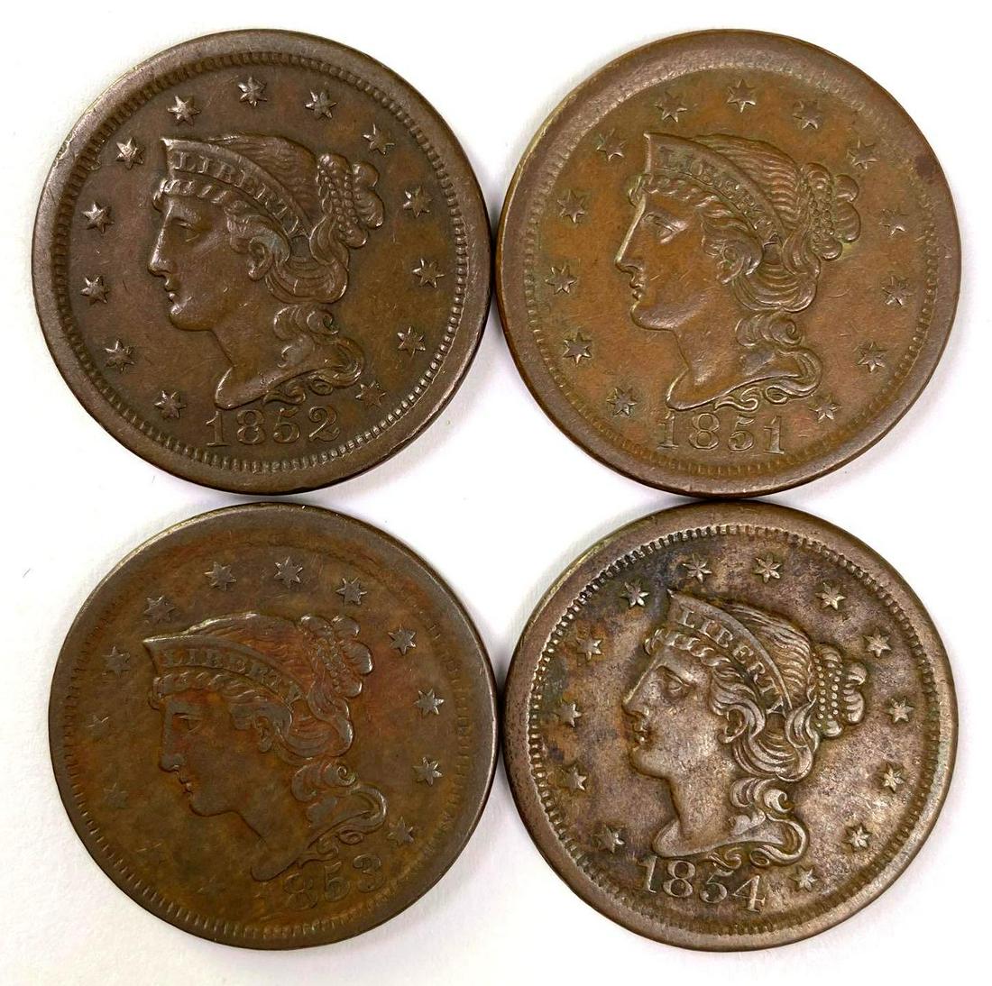Group of 4 1851-54 Braided Hair Coronet Head Large Cents (1 of 2)