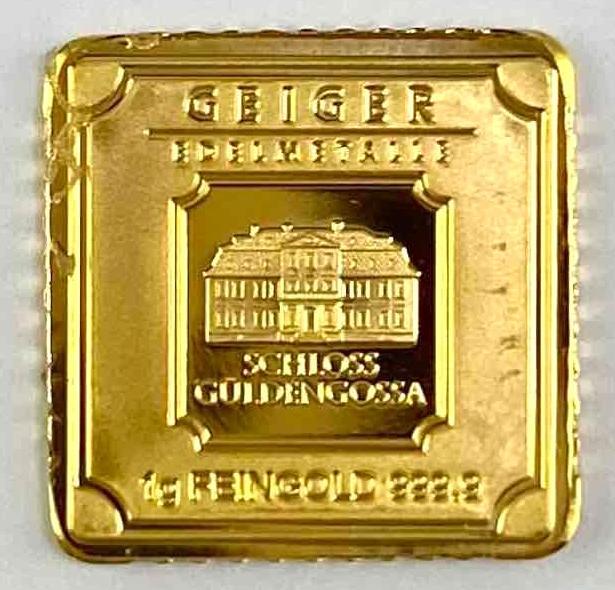 1 Gram PURE 24K GOLD Geiger 999.9 Bullion Certified Single Bar Square: Serial numbered square 1 gram gold. Geiger gram bar .9999 fine