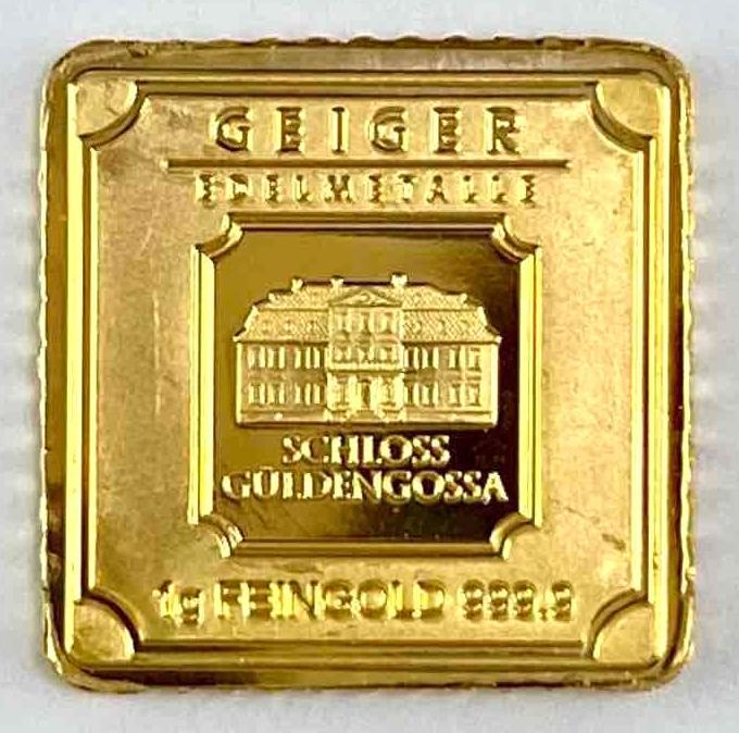1 Gram PURE 24K GOLD Geiger 999.9 Bullion Certified Single Bar Square: Serial numbered square 1 gram gold. Geiger gram bar .9999 fine