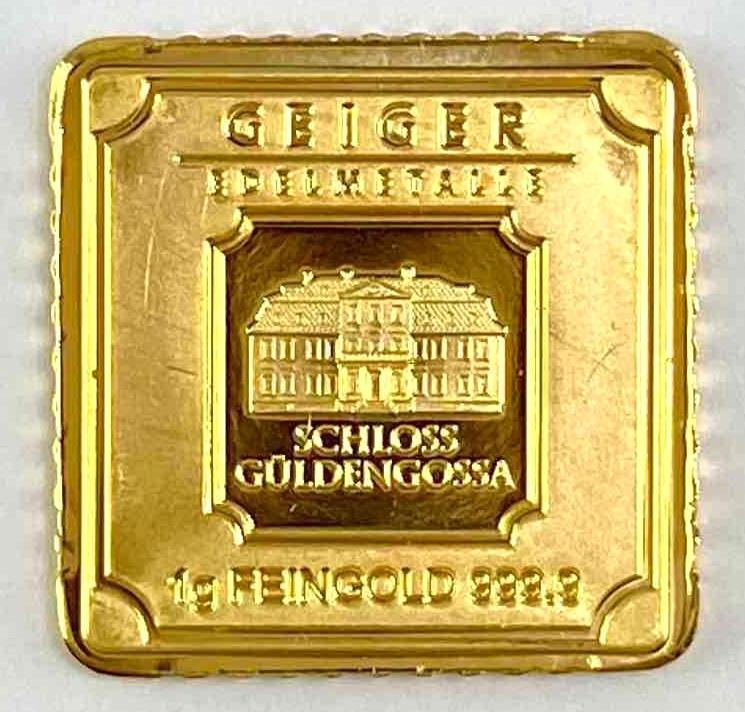1 Gram PURE 24K GOLD Geiger 999.9 Bullion Certified Single Bar Square: Serial numbered square 1 gram gold. Geiger gram bar .9999 fine
