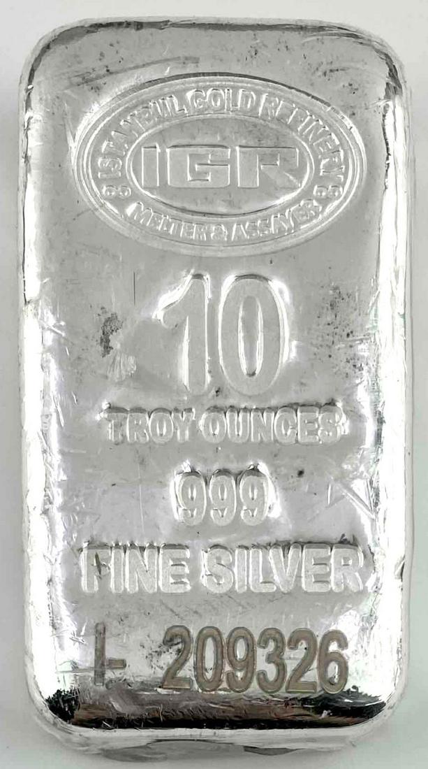 10 Oz Istanbul Gold Refinery IGR .999 Silver Bar with Assay COA Sealed!: Great poured loaf style 10 ounce .9999 fine silver bar.