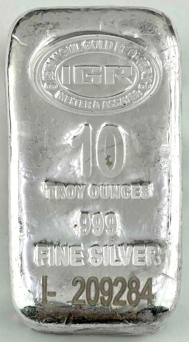 10 Oz Istanbul Gold Refinery IGR .999 Silver Bar with Assay COA Sealed!: Great poured loaf style 10 ounce .9999 fine silver bar.