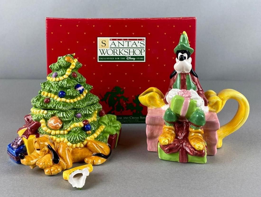 Santaâ€™s Workshop Disney One Holiday Sugar and Cream Service: sugar lid has piece cracked off, largest measures 5 1/4 X 4 3/4 X 5 1/4 inches, with original box