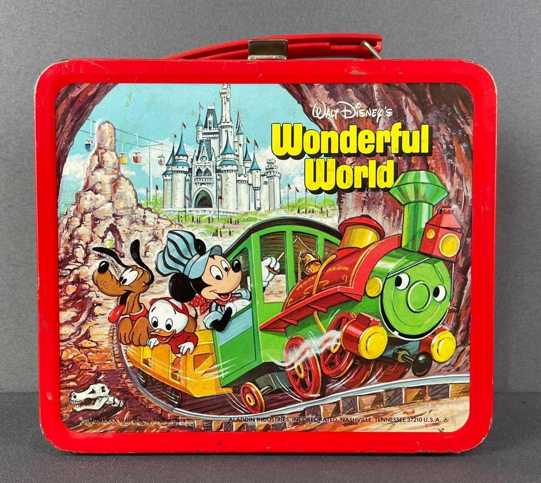1980 Aladdin Disney Wonderful World Tin Lunchbox: world on ice back. missing thermos. box measures 7 x 8 x 4 inches