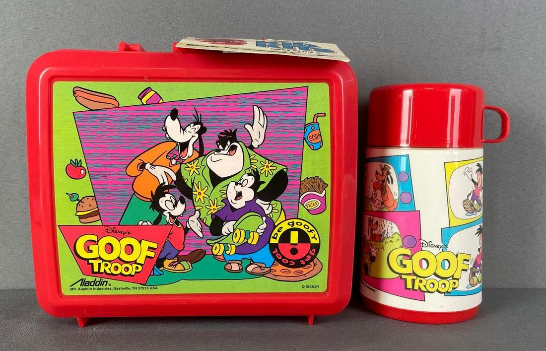 Aladdin Disney Goof Troop Plastic Lunchbox with Thermos: new with tag. measures 8 x 8 1/2 x 4 inches