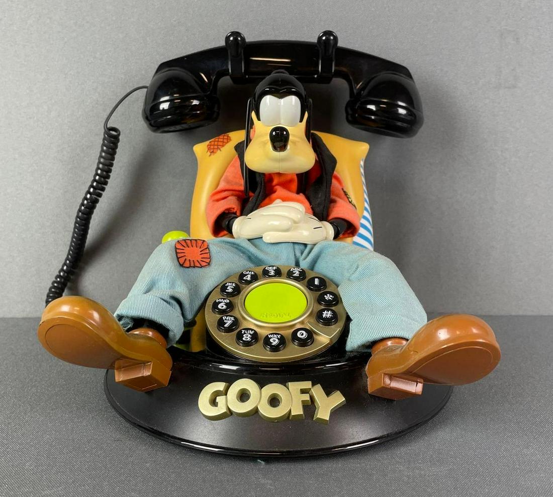 Telemania Disney Goofy Animated Talking Telephone: goofy wakes up when phone rings. unknown working condition. measures 9 1/2 x 9 x 12 1/2 inches