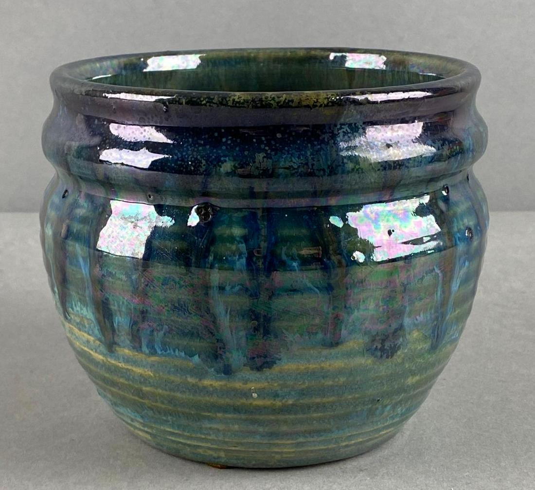 Pewabic Blue/Green Iridescent Glaze Pottery Bowl: Half tag on base, Measures 5 x 5 1/2 x 5 1/2in.