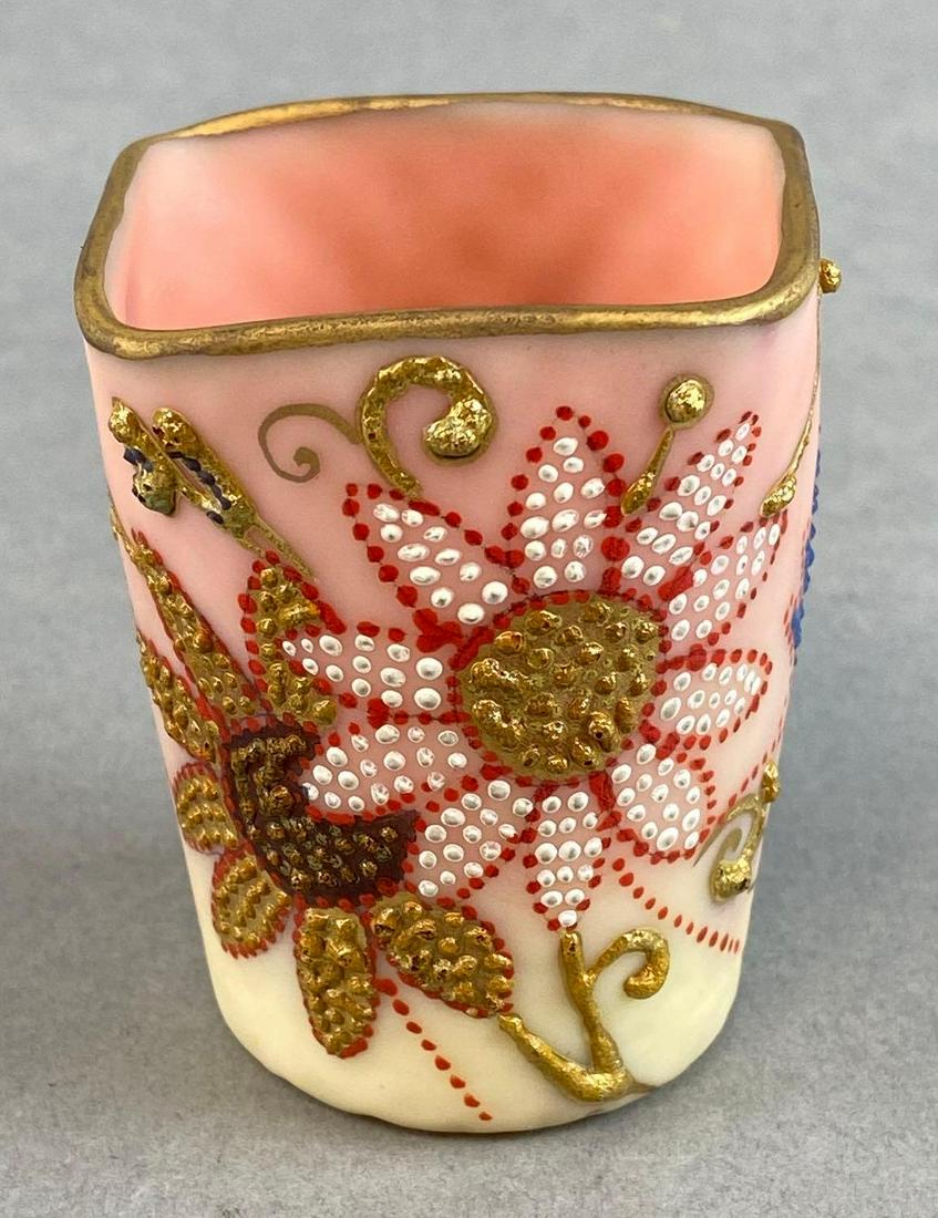 Fenton Floral Painted Opaline Glass Toothpick Holder: Pink to yellow, Measures 2 1/2 x 2 x 2in. Touch Ups on Enamel Paint