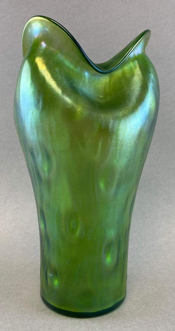 Antique Loetz Rusticana Iridescent Green Glass Vase: Peacock Feather Design Measures 10 5/8 x 5 1/2 Inches.
