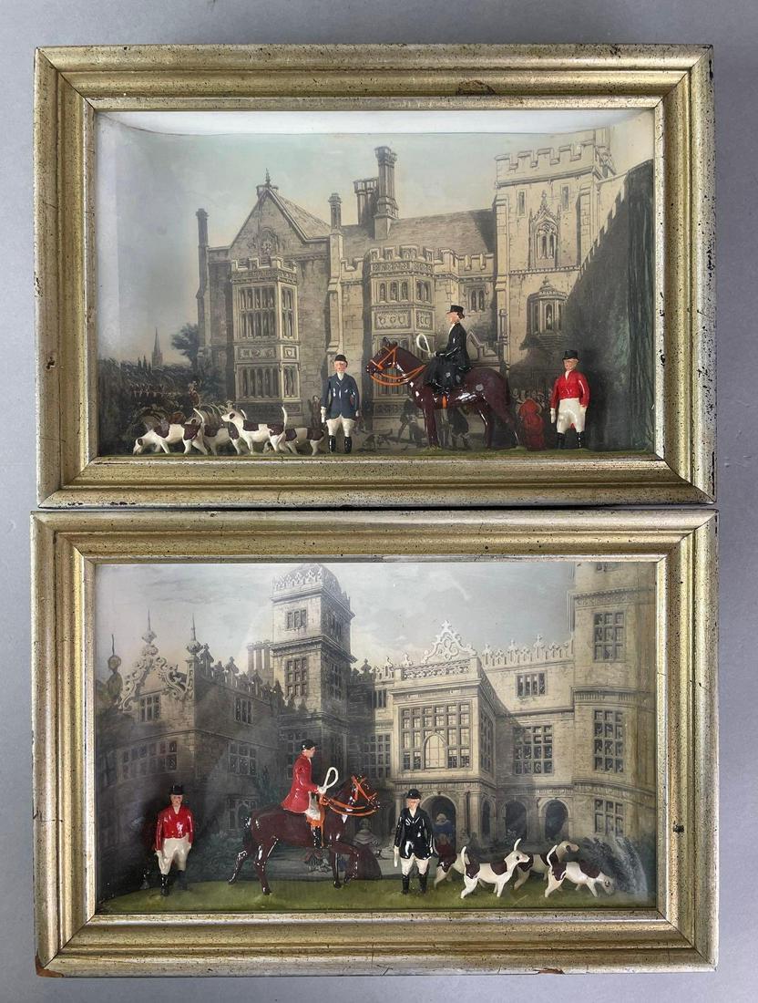 Pair of Antique British Foxhunt Hanging Dioramas: 1846 Hinchinbrook, and Charlton House. each measure 8 1/2 x 12 1/2 x 2 1/4 inches