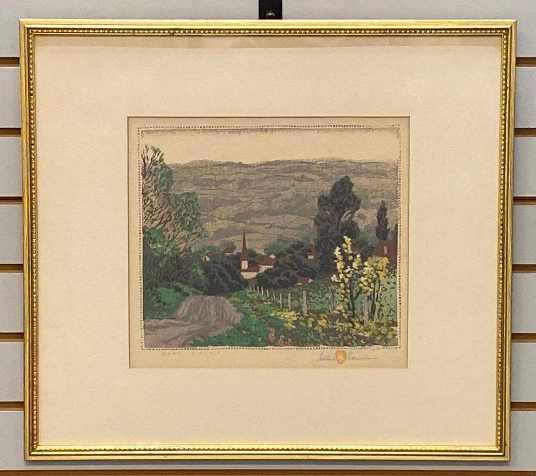 Gustave Baumann Road to Town Colored Woodblock: Signature in pencil bottom right, No. 36/121, Frame measures 19 x 21in, Art measures 11 x 12in.