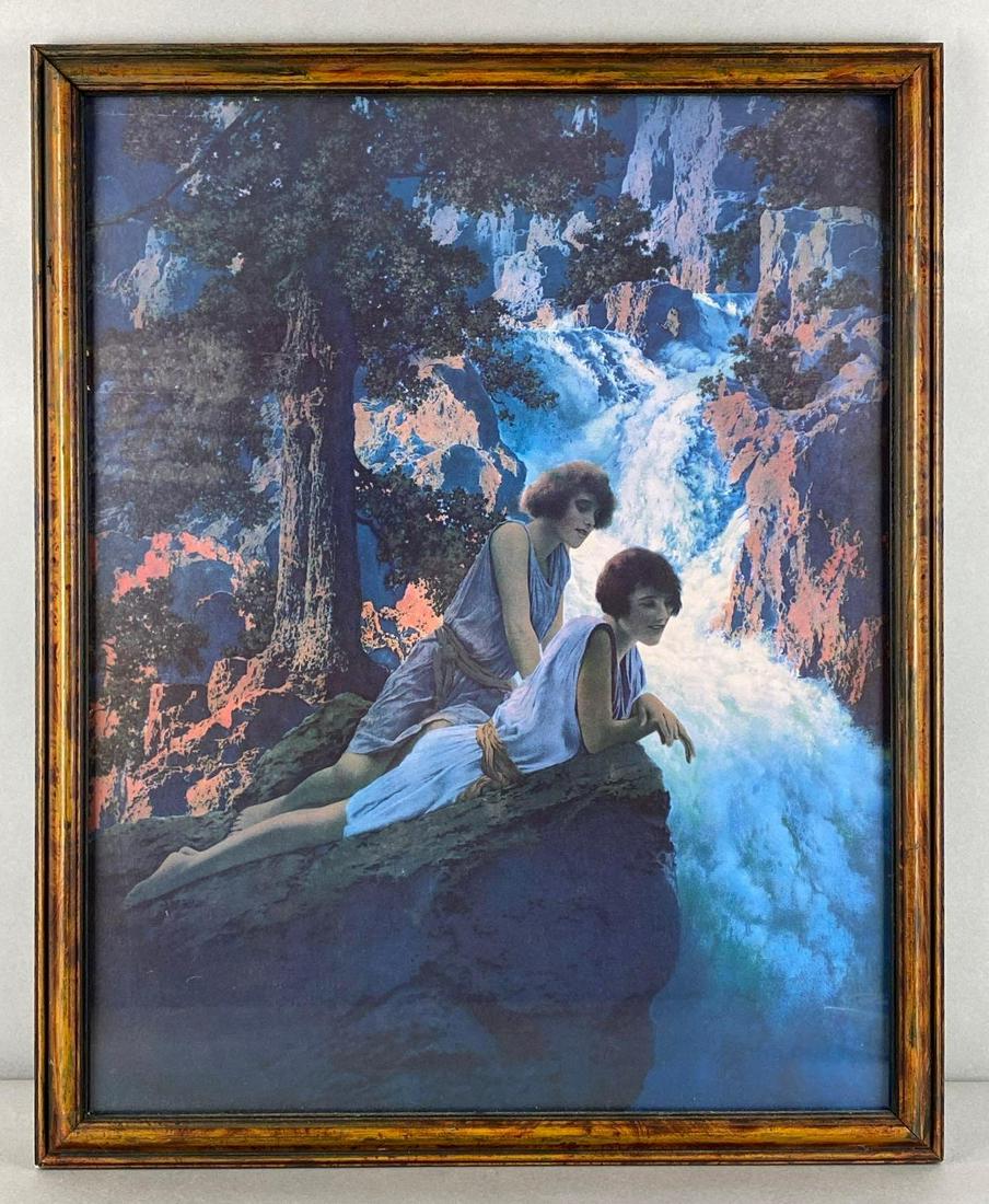 Antique Maxfield Parrish The Waterfall Framed Lithograph: circa 1910s-30s, frame measures 21 3/4 X 17 1/2 inches, litho measures 20 X 16 inches