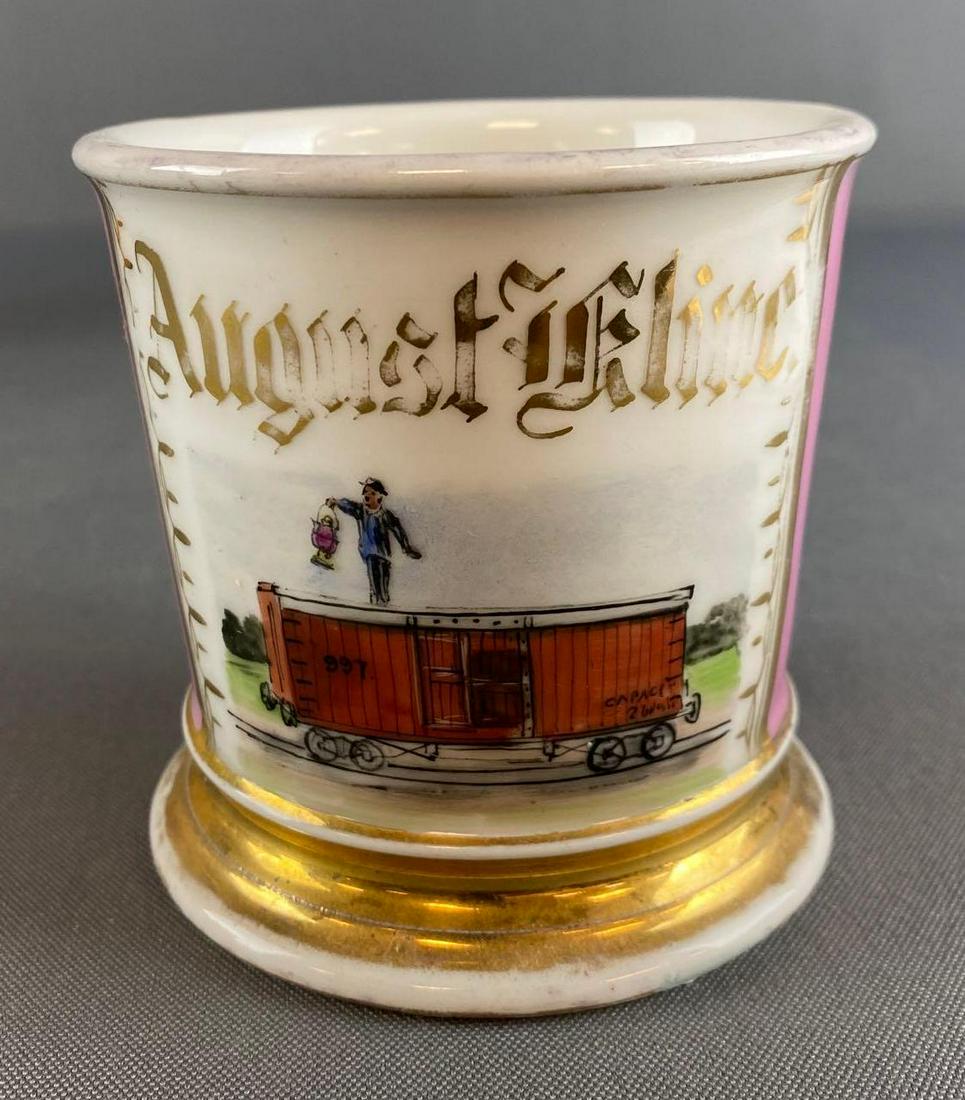 Antique Railroad Signal Man Occupational Shaving Mug: August Glime, Measures 3 5/8 x 4 1/2 x 3 3/4, T and V Limoges, France