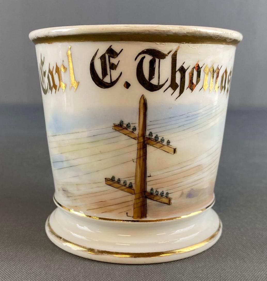 Antique Linemen Telephone Pole Occupational Shaving Mug: Carl E. Thomas, measures 3 5/8 x 4 1/2 x 3 5/8, W.G Co. Limoges, France