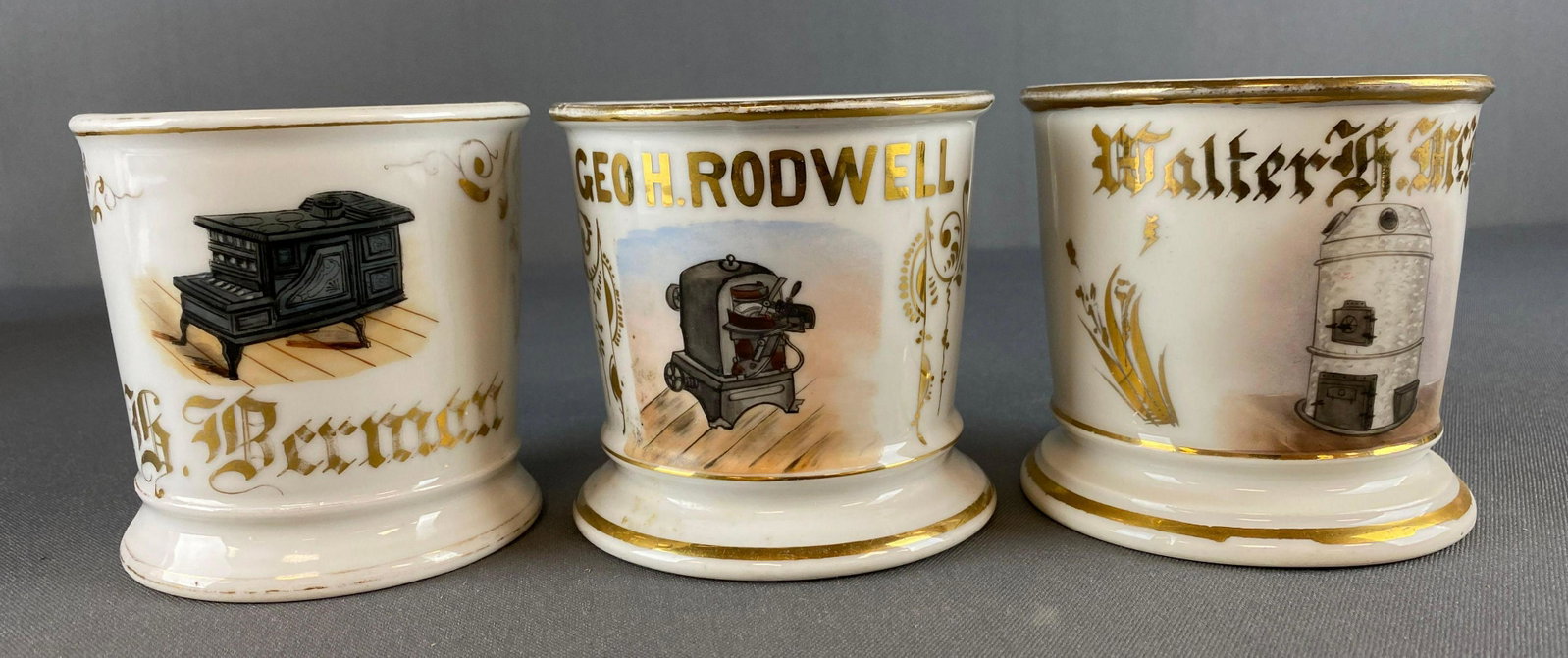 Group of 3 Antique Occupational Shaving Mugs: includes Stove salesman, electric furnace, Furnace manufacturer, H. Berman, Geo H. Rodwell, Walter H. McManus, measures 3 5/8 x 4 1/2 x 3 3/4, T and V Limoges, France