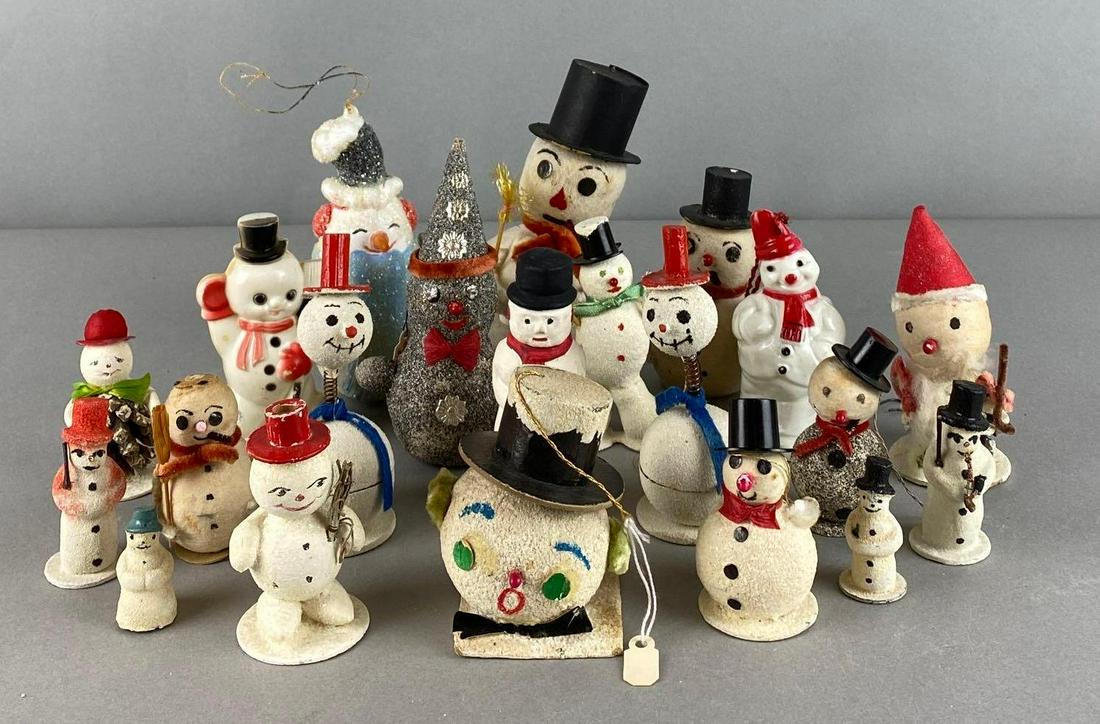 Group of Assorted Vintage Snowmen: includes ornaments, containers, figures and more. condition consistent with age, largest measures 5 1/2 X 2 1/4 X 2 1/2 inches