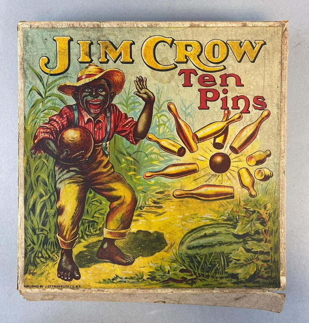 Black Americana Jim Crow Ten Pins Game: Published by Jottmannlith Co. Set appears complete. 7 1/2 x 7 1/2 inches.