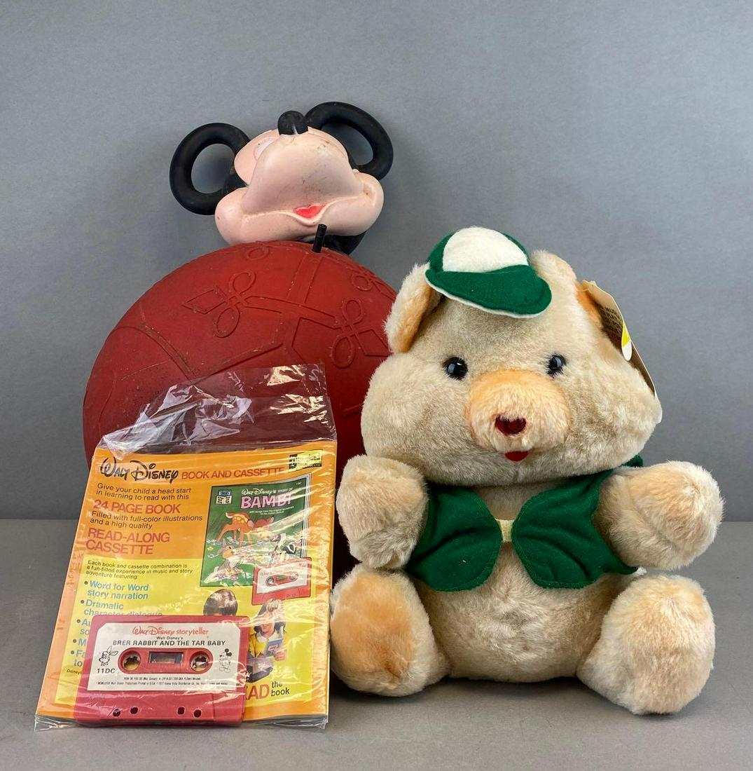 Group of 3 Toys: Includes Walt Disney Book and Cassette, Mickey Mouse Bouncer Ball, and Musical Teddy Bear. Largest measures 20 x 11 inches