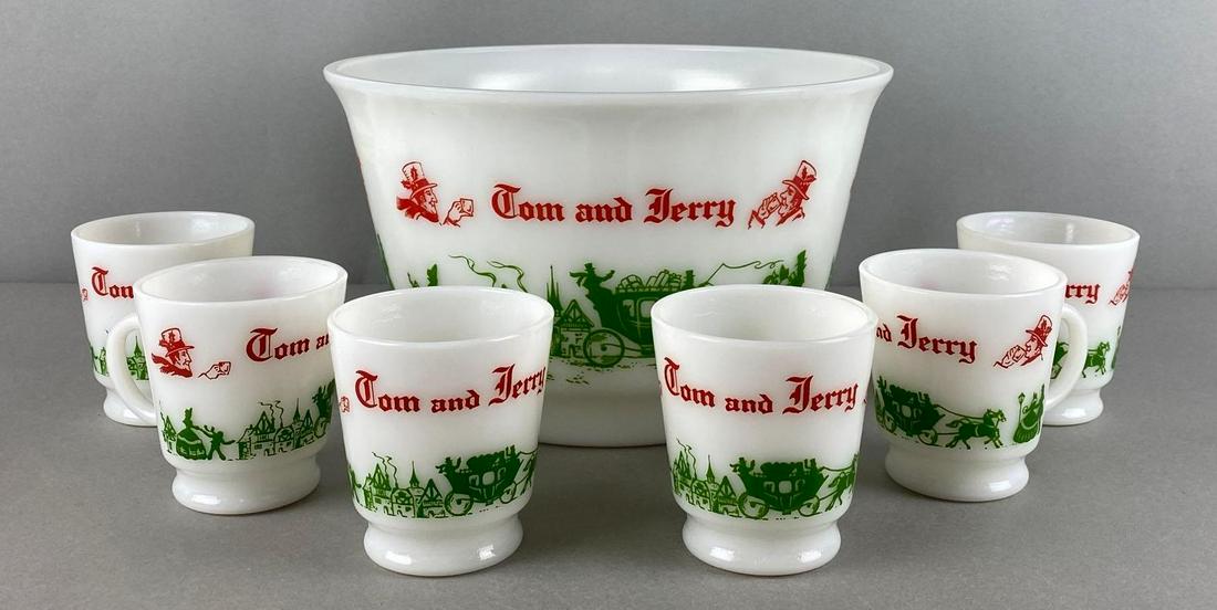Set of Vintage Milk Glass Tom and Jerry Christmas Dishes: includes 6 cups and 1 large bowl, bowl measures 5 3/4 X 9 3/4 inches