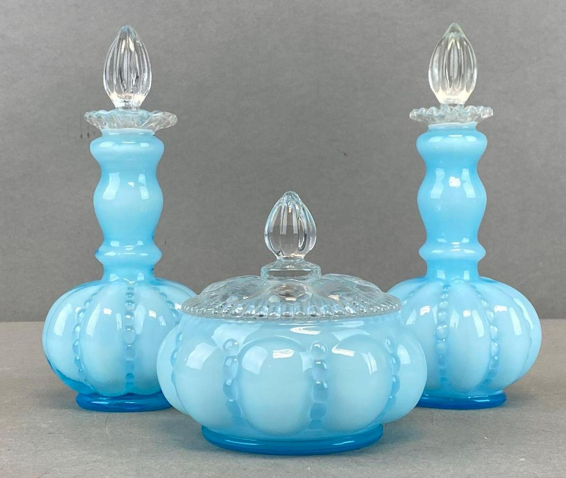 Group of 3 Fenton Blue Melon Glass Vanity Set (1 of 3)