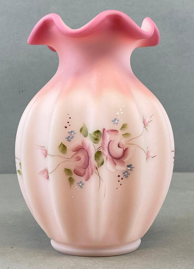 Fenton Hand Painted Pink Burmese Satin Glass Vase (1 of 5)