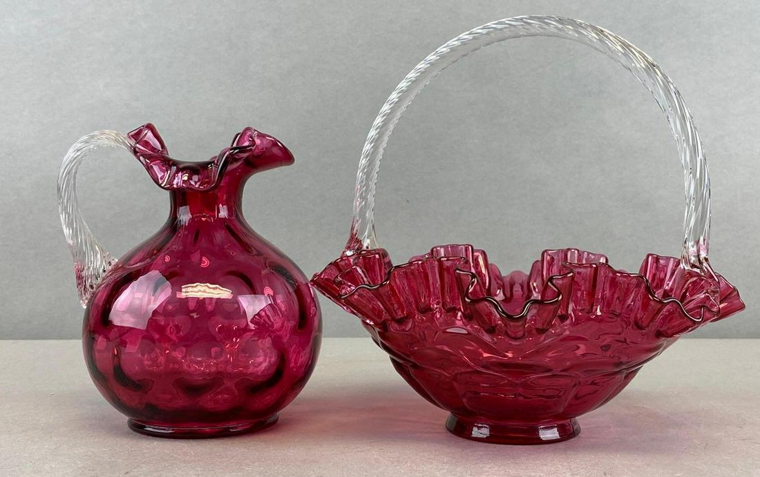 Group of 2 Fenton Cranberry Ruffle Edge Vase and Basket (1 of 4)