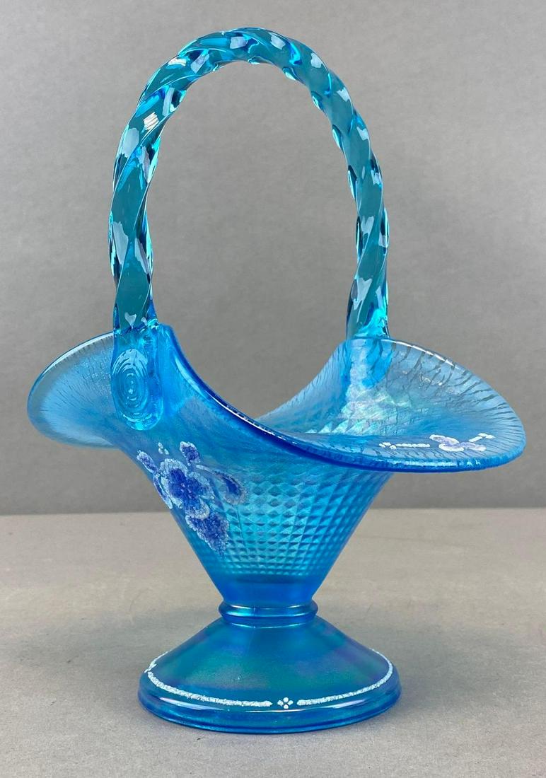 Fenton Hand Painted Blue Iridescent Glass Basket (1 of 6)