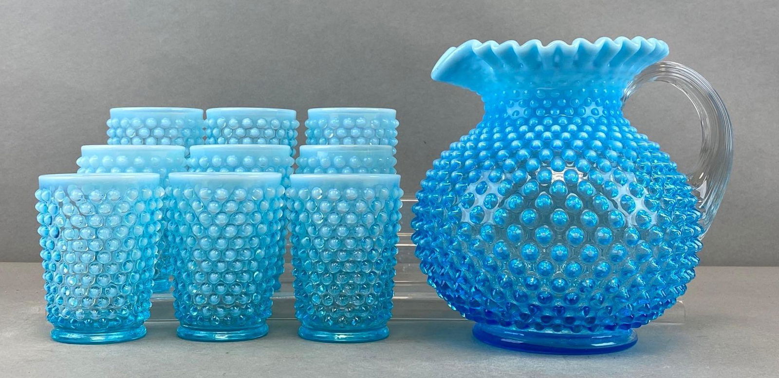 Group of 10 Fenton Blue Opalescent Hobnail Glass Pitcher Set (1 of 6)