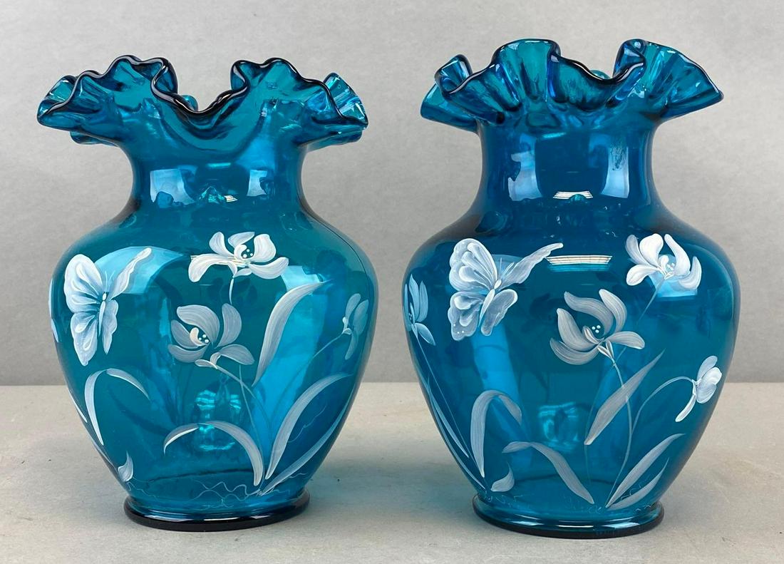 Group of 2 Fenton Hand Painted Ruffle Edge Glass Vases (1 of 5)