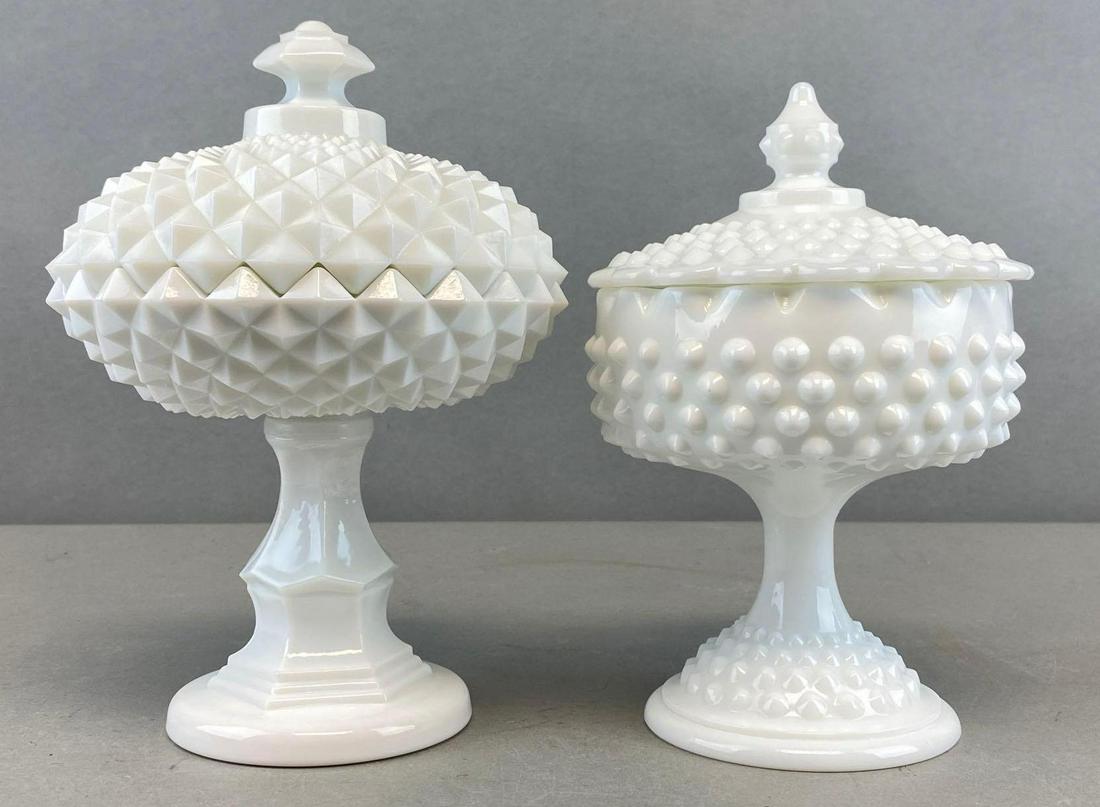 Group of 2 Fenton White Milk Glass Candy Bowls: Largest measures 9 1/2 x 6 inches