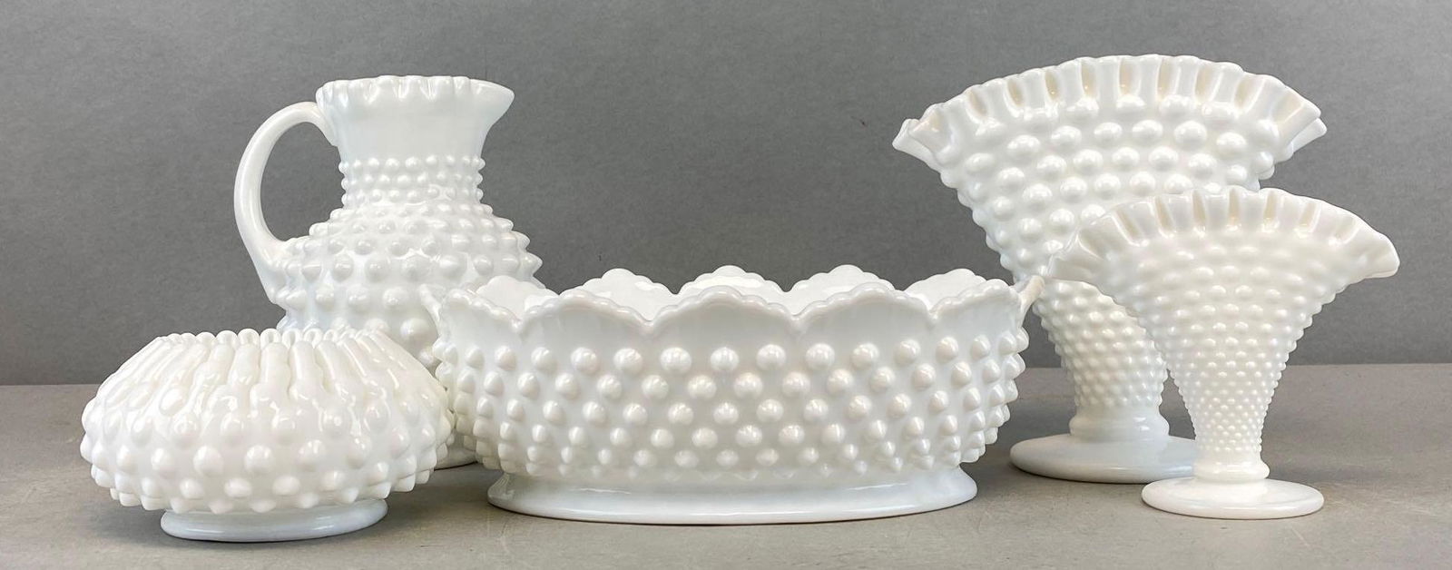 Group of 5 Fenton White Milk Hobnail Glass Vases and More (1 of 5)