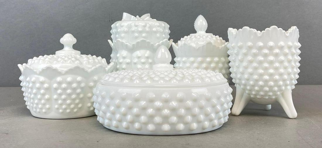 Group of 5 Fenton White Milk Hobnail Glass Candy Jars and More (1 of 6)