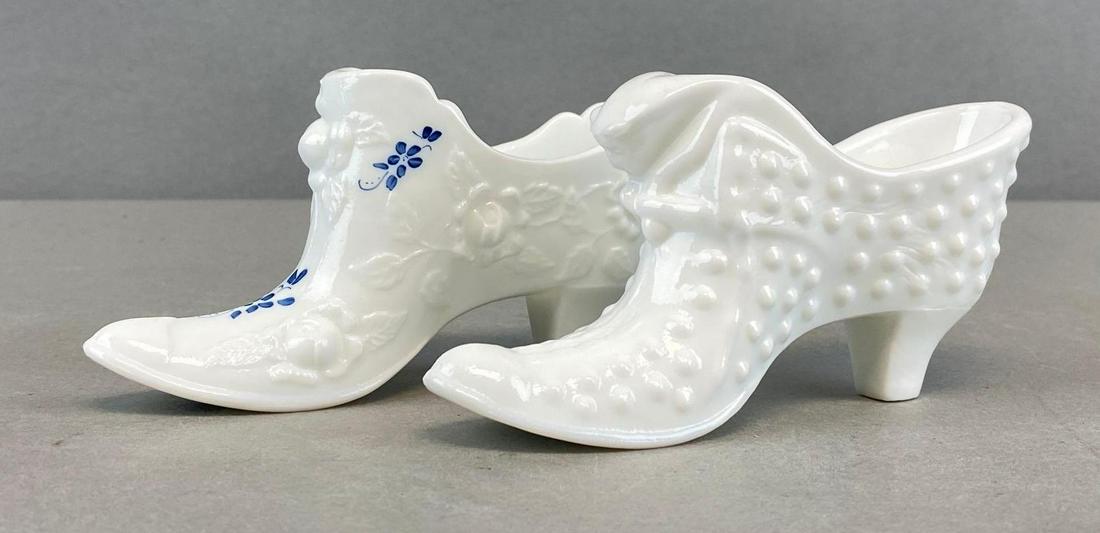 Group of 2 Fenton White Milk Hobnail Glass Shoes: Largest measures 3 x 6 x 1 1/2 inches
