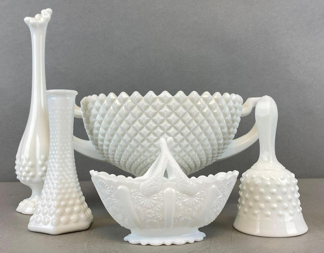 Group of 5 Fenton White Milk Hobnail Glass Vases and More (1 of 6)