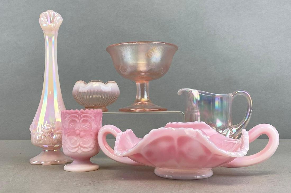 Group of 6 Fenton Pink Glass Bases and More: Largest measures 9 1/2 x 2 1/2 inches