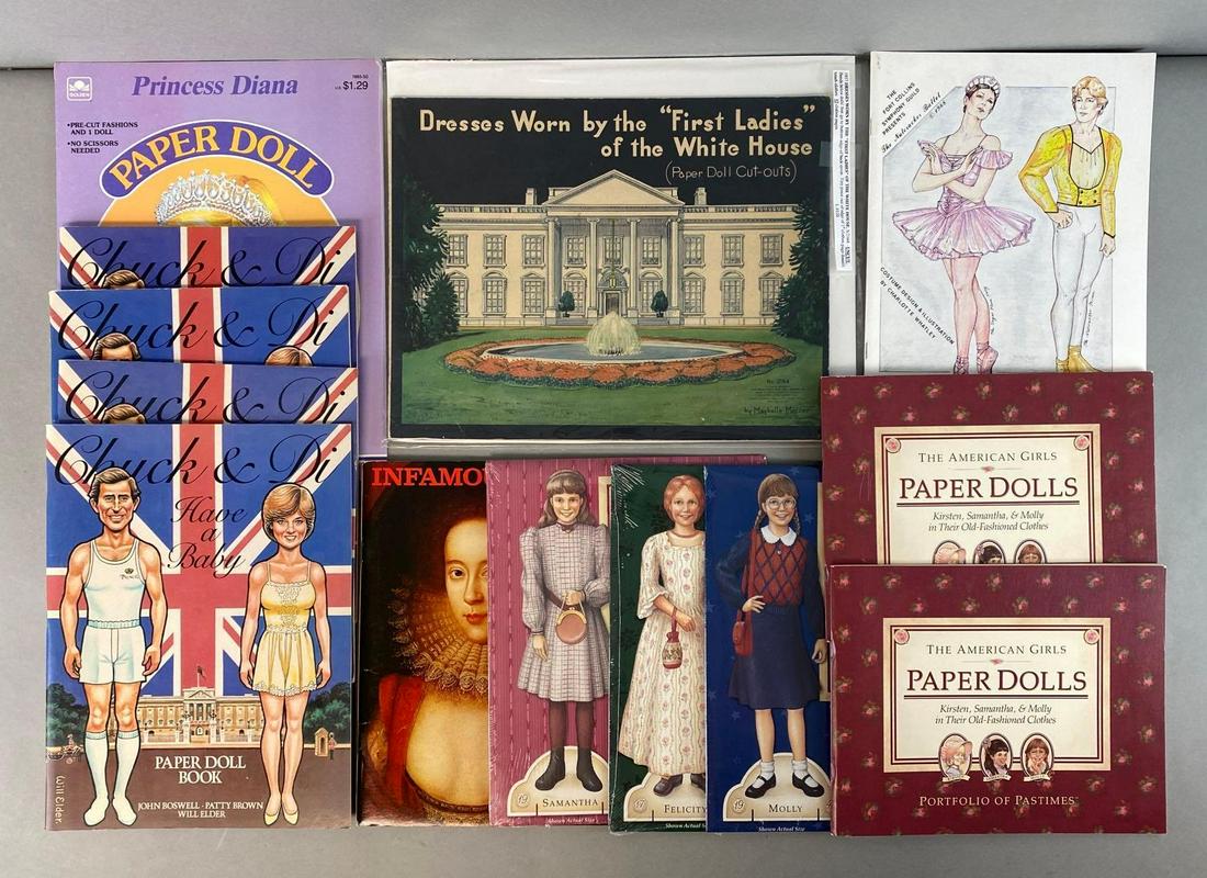 Group of 13 Assorted Historical Figure Paper Dolls: All uncut, Includes Princess Diana, First Ladies of the White House, Infamous Women, American Girls, and more, Largest measures 23 x 10in.