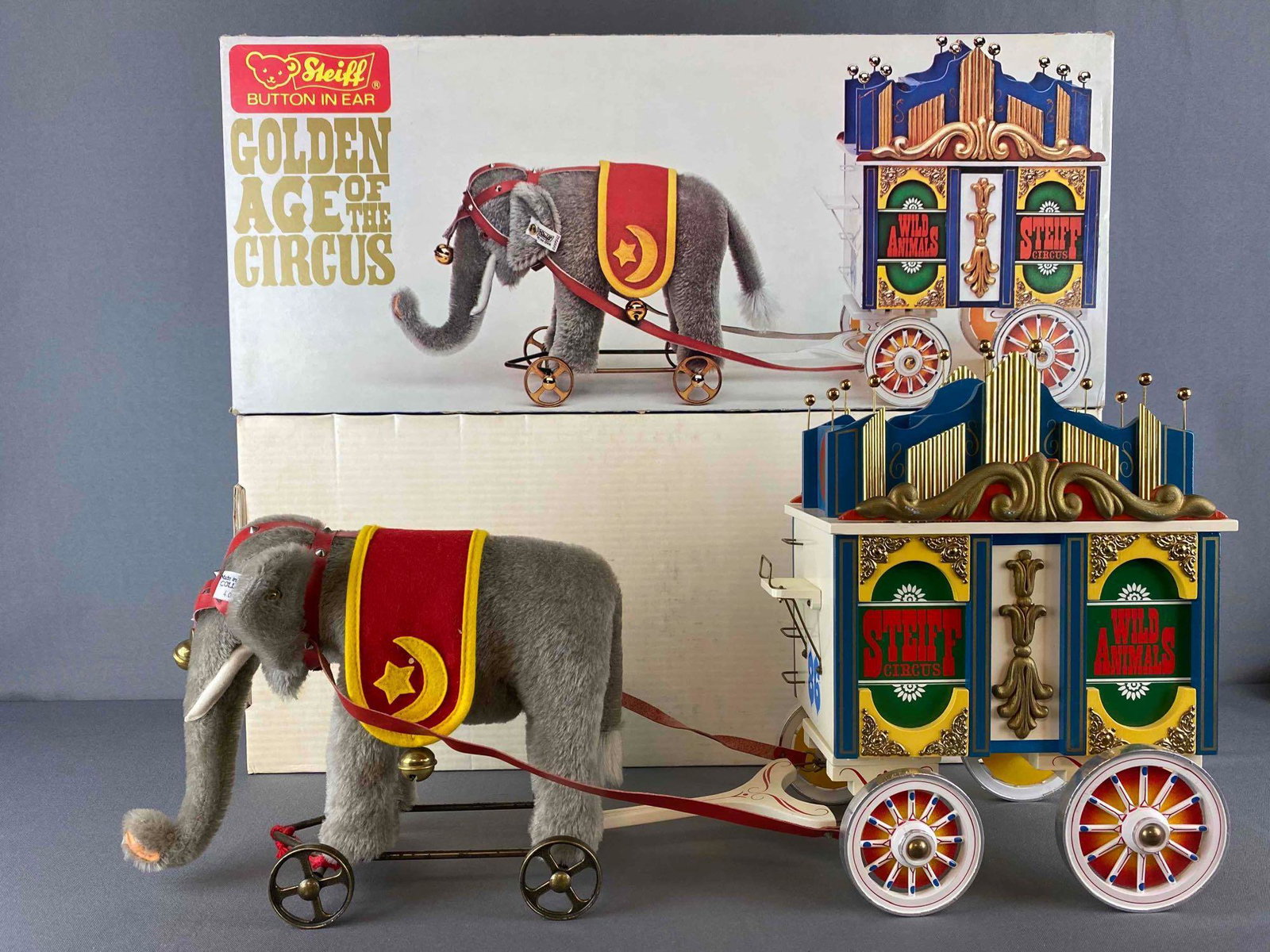 Limited Edition Steiff Golden Age of the Circus Elephant Set: 12 1/2 inches tall, Limited Edition 4045/5000, in original box