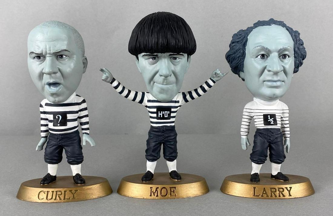 Comedy Headliners The Three Stooges Plastic Figure Set: 2000, Football uniforms, Includes Larry, Moe, and Curly, Largest measures 6 1/4 x 4 1/2 x 3in.