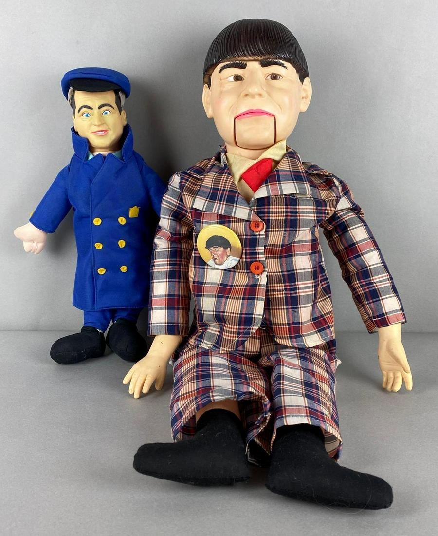 Group of 2 The Three Stooges Dolls: 1981-2002, Includes Policeman Curly Joe, and Ventriloquist dummy Moe, Largest measures 27 1/2 x 9 x 6in.