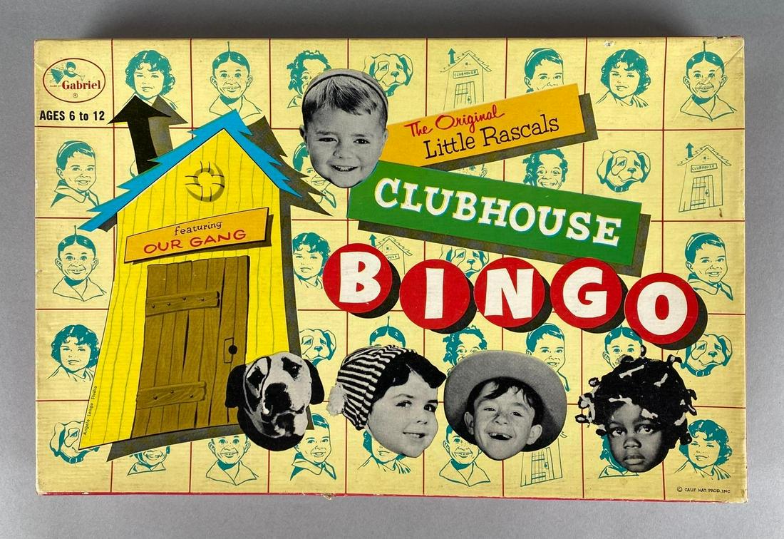 Vintage The Little Rascals Clubhouse Bingo Board Game: 1958, Gabriel Games, Unknown set completion, Appears well cared for, Some tears in box, Box measures 9 1/2 x 14 3/4 x 1 1/2in.