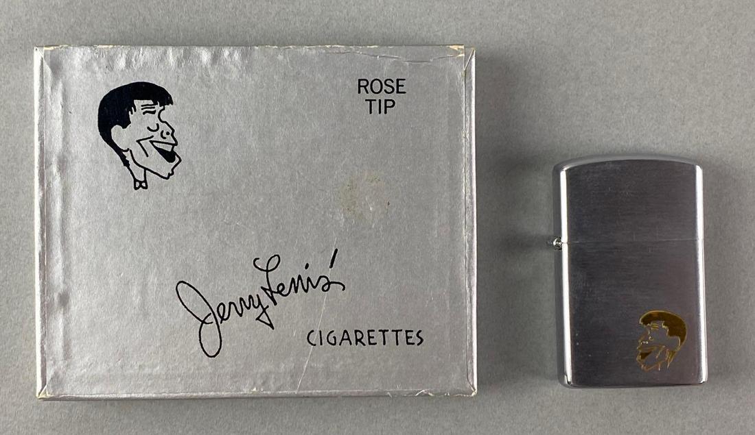 Group of 2 Jerry Lewis Rose Tip Cigarettes and Lighter: Cigarette box measures 3 x 3 1/2 inches. Exclusive to Jerry Lewis Restaurant.