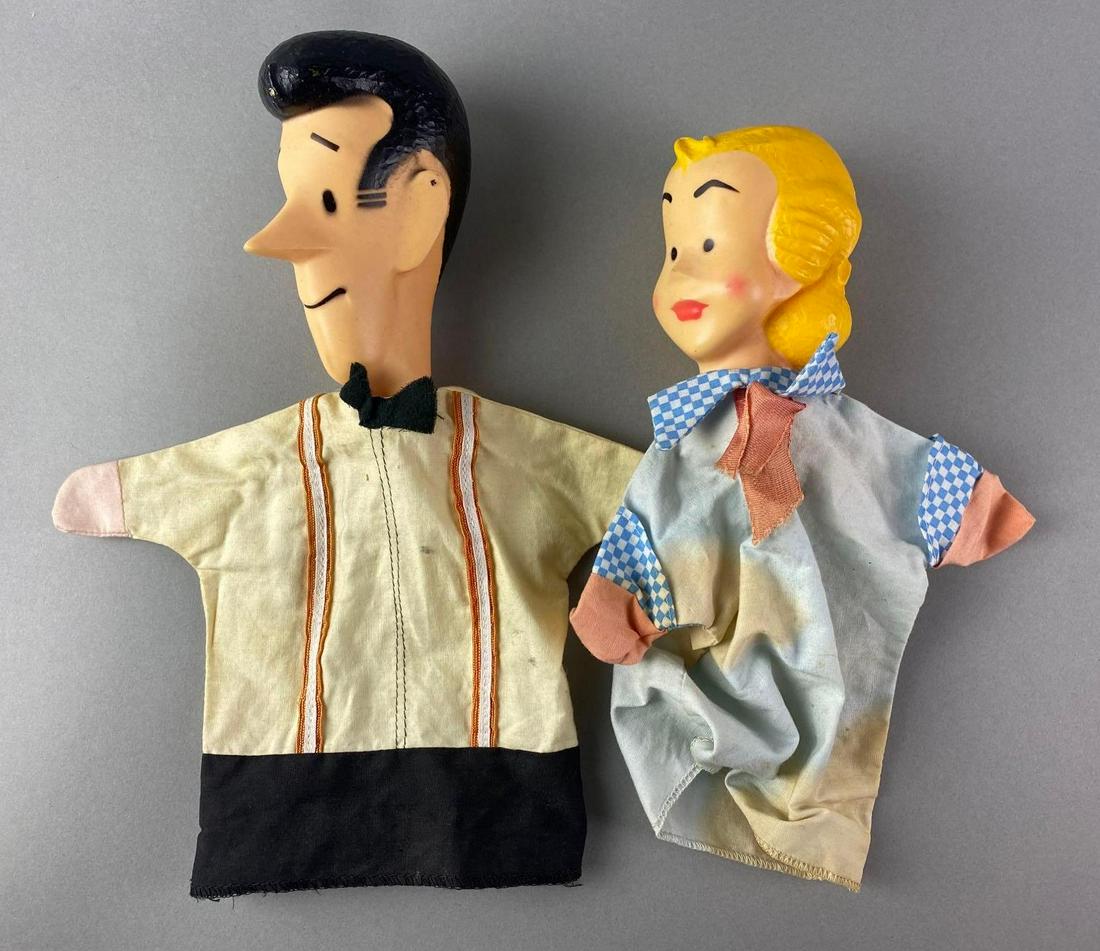 Group of 2 Dennis the Menace Hand Puppets: 8 inches long. Rubber heads, fabric bodies. Some clothes stained. Includes Alice and Mr. Henry Mitchell.
