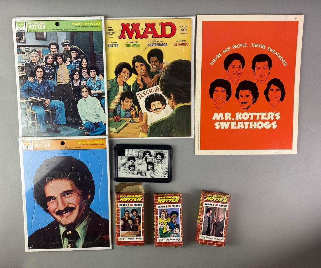 Group of 8 Welcome Back Kotter Games and More: Includes puzzles, folder, empty boxes, and more. Folder measures 13 x 10 inches