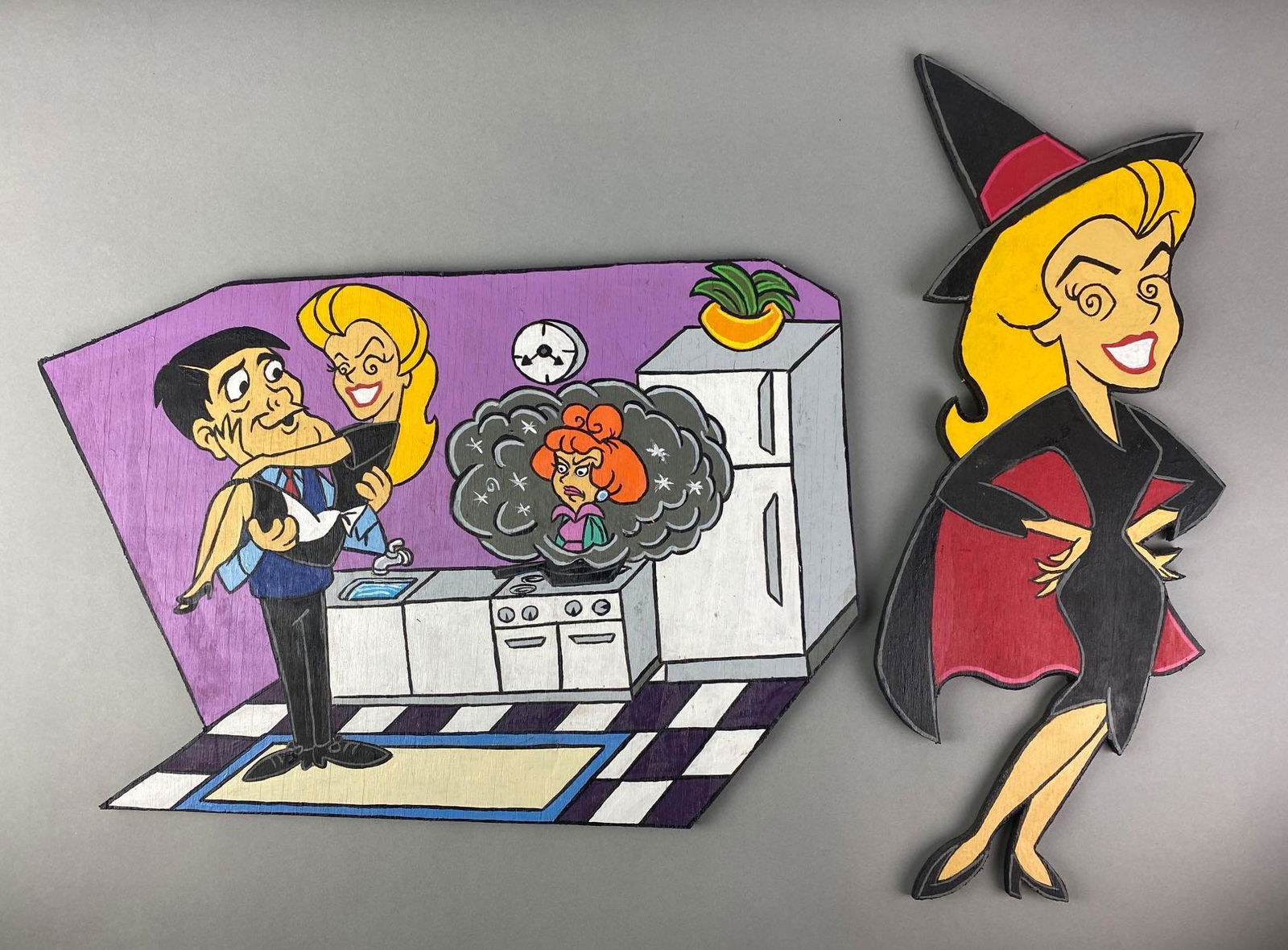 Group of 2 Bewitched Samantha Hand Painted Wood Signs: Largest measures 13 1/4 x 17 1/4 inches. Hand painted by Greg Devon Mitchell.